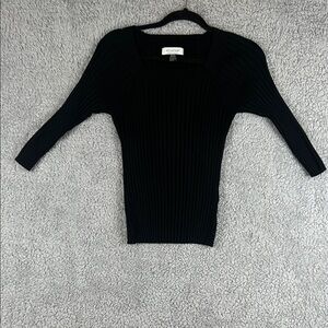Emanuel Ungaro Square Neck Ribbed Stretchy 3/4 Sleeve Black Silk Top Size M